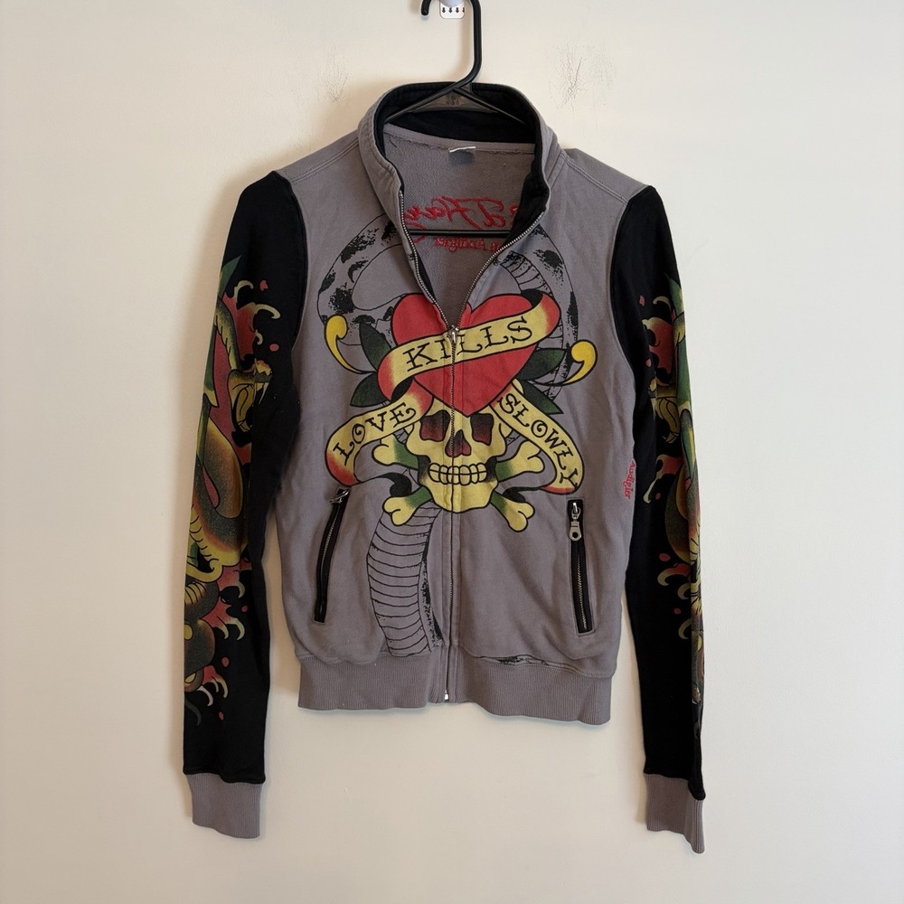 VTG 2000s Ed Hardy by Christian Audigier All Over Print Zip-Up Jacket Womens XS
